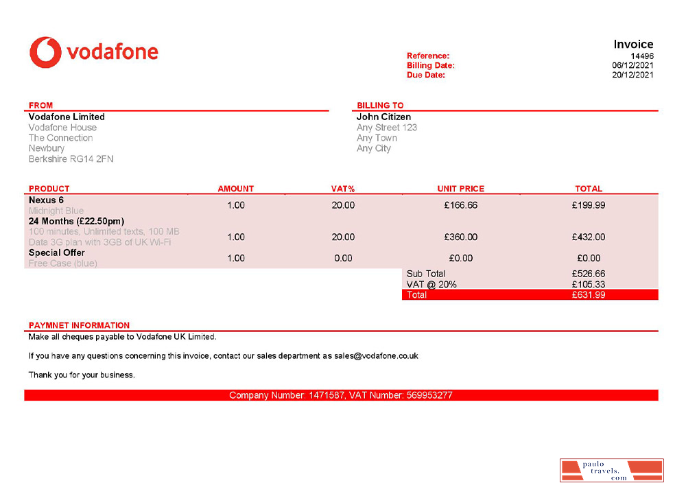 USA Vodafone invoice template PSD template